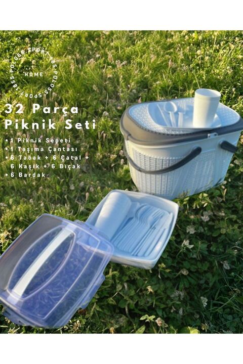 King Mop Home 32 Parça Piknik Seti Sepet Çantalı Bardak, Çatal, Kaşık,bıçak,tabak Seti 32 Piece Picnic Set
