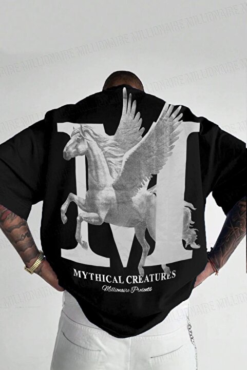 Teenage Millionaire Erkek Mythical Pegasus Baskılı Siyah Bisiklet Yaka Oversize Salaş T-Shirt