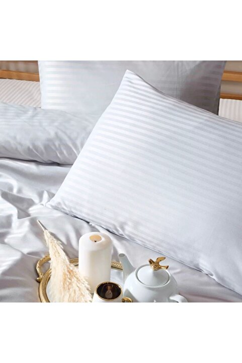GİNETEKS 4 Parça Beyaz Çizgili Pamuk Saten Yastık Kılıfı & Otel Tipi (50x70
