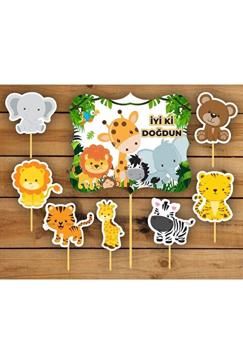 printiks 8 Adet Sevimli Hayvanlar Safari Kürdanlı Cupcake Pasta Süsü Süsleme Kalın Kağıt