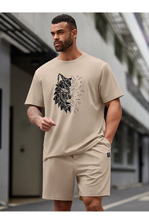 coolart Kurt Desen T-Shirt Şort -Bej Alt Üst Takım Şort Tişört Kombin Baskılı Bisiklet Yaka