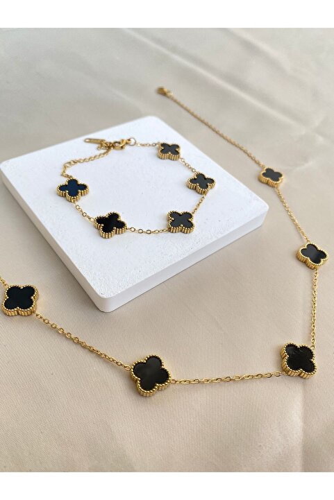 Inure Jewelry Black Clover Siyah Yonca Taşlı Gold Çerçeve Yonca Model Çelik (KOLYE & BİLEKLİK) 2'li Set