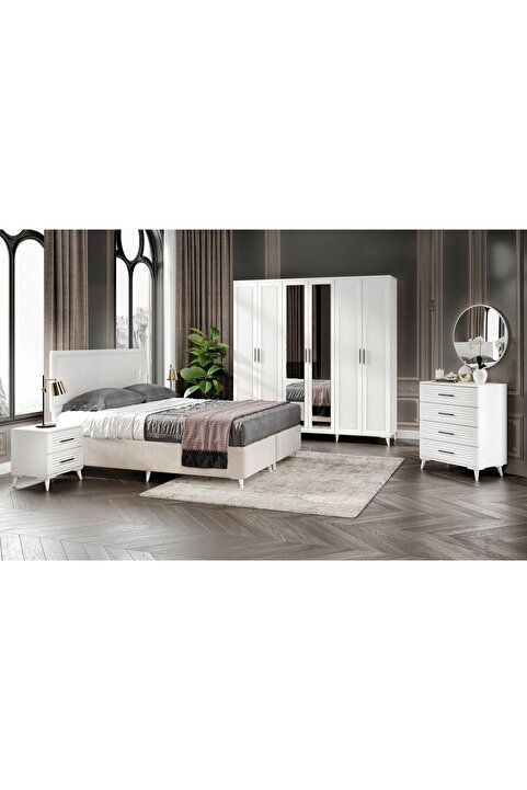 GuneyStore Komple Mdf Paris 6 Kapaklı Beyaz Yatak Odası Takımı Bazalı - Ücretsiz Montaj