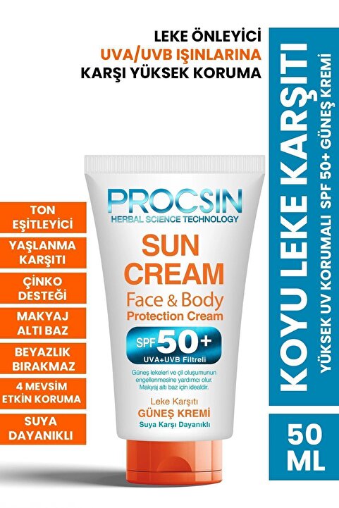 PROCSIN Yüksek Uv Korumalı Koyu Leke Önleyici Spf 50 Güneş Kremi 50 ml