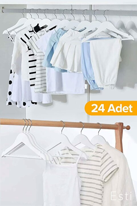 ESTİ 24 Adet - Ahşap Görünümlü Çocuk Ve Bebek Elbise ,kıyafet Askısı Beyaz
