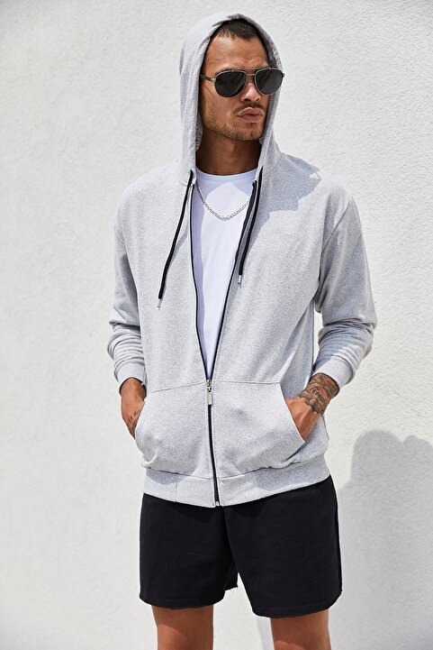 All in Men Gri Fermuarlı Kapüşonlu Erkek Sweatshirt