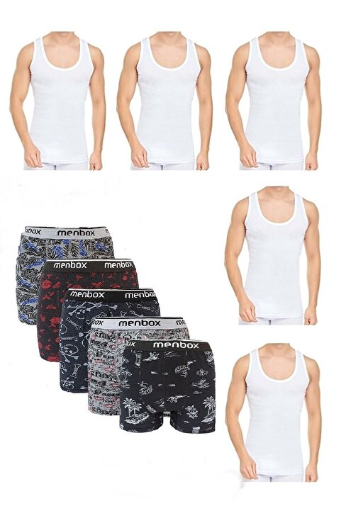 HARMAN TEKSTİL Erkek 5'li Desenli Pamuklu Likralı Boxer Atlet 5 Atlet 5 Boxer