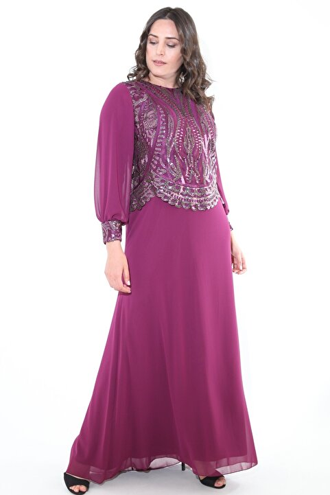 Ladies First Büyük Beden 3305 Mürdüm Uzun Abiye Elbise