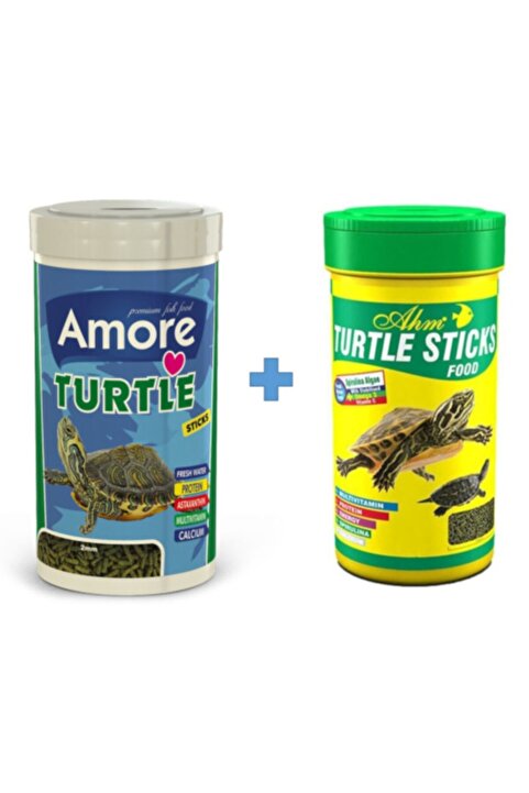 AMORE Turtle Sticks 250ml + Ahm Turtle 250ml Vitamin Kalsiyum Mineral Plus Sürüngen Ve Kaplumbağa Yemi