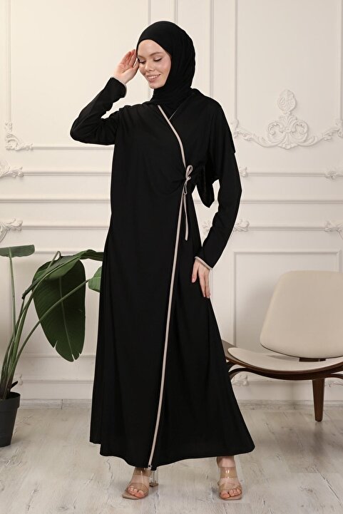 Transacoustic Siyah Kruvaze Yaka Biyeli Esnek Interlok Kumaş Namaz Elbisesi