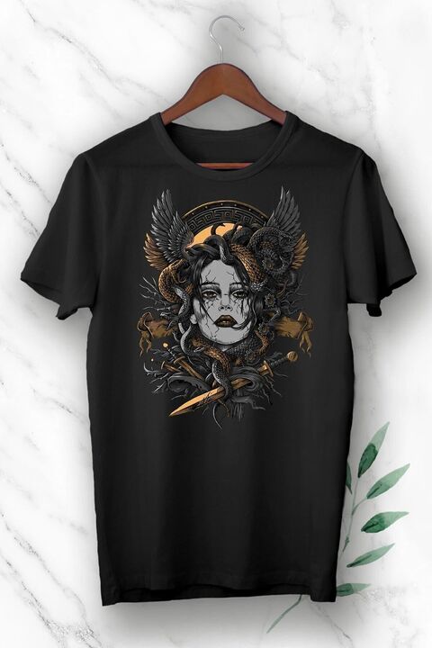 perseusshopping Mitoloji Medusa Heykel Baskılı Siyah Unısex Tişört