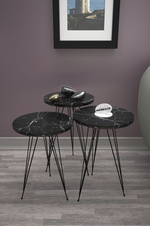 Mobezzo 3’lü Zigon Sehpa Takımı | Siyah Metal Ayaklı Modern Yan Sehpa | Salon Dekoru Siyah Mermer