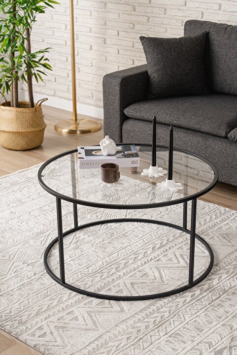 DEKOPRATİK - Berlin Orta Sehpa - 80 Cm Yuvarlak Şeffaf Camlı Sehpa