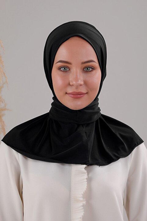 Melodi Scarf Kadın Tesettür Pratik Çıtçıtlı Sandy Fular Hazır Deniz Havuz Uyumlu Bone Siyah