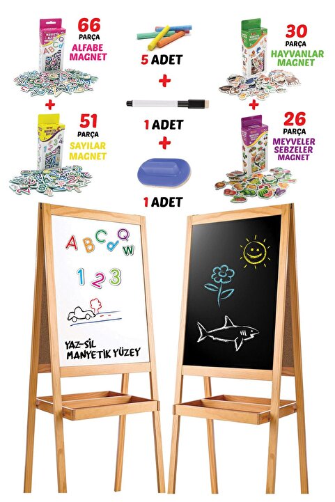 MAGNET İQ Ahşap Yazı Tahtası 4'lü Set Manyetik Özellikli Çift Taraflı