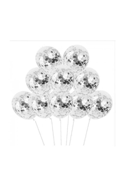 BalonEvi Gümüş Konfetili Şeffaf Balon Seti - 10 Adet