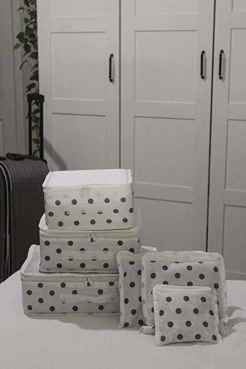 ADARYA HOME 6'lı Valiz Düzenleyici Bavul Içi Organizer Set - Seyahat Hurcu - Puantiye Desen (BEYAZ)