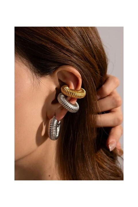 monalisatoka Gümüş Çizgili Kalın Halka Kıkırdak Earcuff Küpe (1 Adet)
