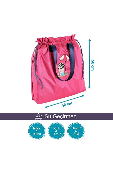 Atelier Bomonti Pembe Şemsiye Desen Su Geçirmez Islak Kuru, Kirli Temiz, Plaj Havuz Fonksiyonel Çanta