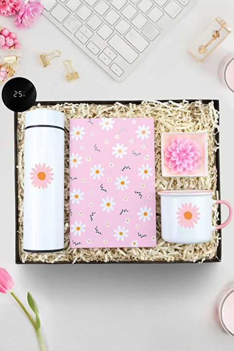 Trendmiya Tasarım 500 ML Dereceli Termos & Tasarım Defter & Vintage Kupa & Lotus Mum Hediye Seti