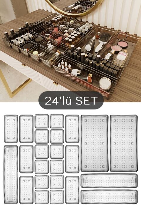 Meleni Home 24'lü Multi Set - Çekmece İçi Düzenleyici - Banyo Makyaj ve Takı Organizer Siyah