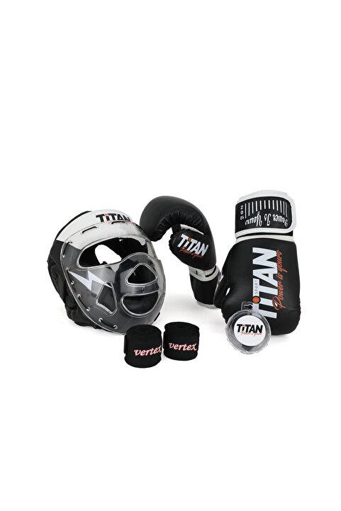 Titan Sport Siyah Beyaz Serisi Özel Takım Set , Camlı Boks Kaskı, Boks Eldiveni, Dişlik, Bandaj