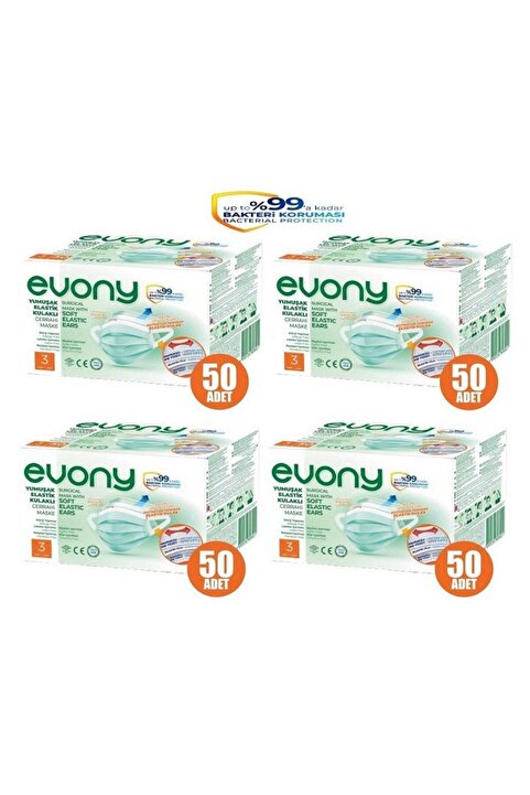 Evony Yumuşak Elastik Kulaklı 3 Katlı Telli Cerrahi Maske 200 Lü