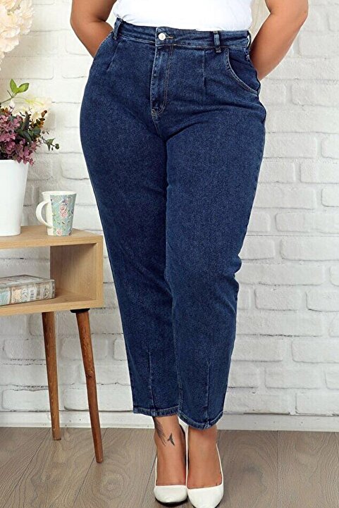 MissThetis Yüksek Bel Pileli Cepli Rahat Kalıp Şık ve Cool Yıkamalı Büyük Beden Likralı Mom Jean Kot Pantolon