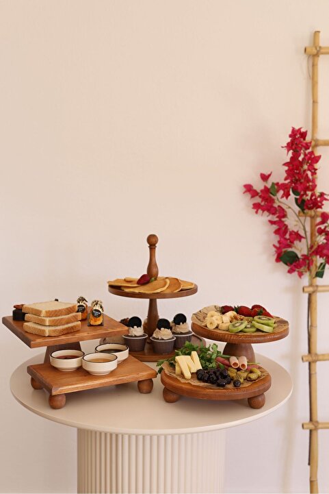 Genel Markalar 5li 2 Katlı Kek Standı, 25 Cm Pastalık, 25 Cm Risus, 17x25 Risus,25x25 Piramit Ahşap Çeyiz Seti