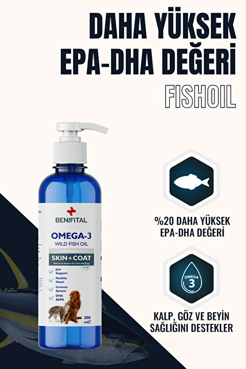 Benifital Fish Oil 200 ml Kedi ve Köpekler için Tüy Sağlığı Destekleyici Omega-3 & 6 İçerikli Balık Yağı