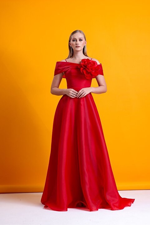 Tangül&Ali'S Moda Evi Çiçekli Maxi Kırmızı Kloş Elbise
