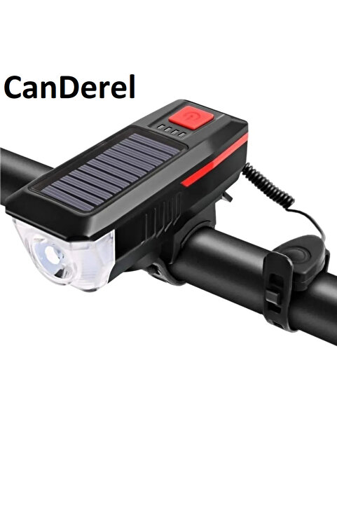 Canderel Güneş Enerjili Bisiklet Işığı Lambası Bisiklet Kornası Su Geçirmez Solar Usb Şarj Ön Feneri