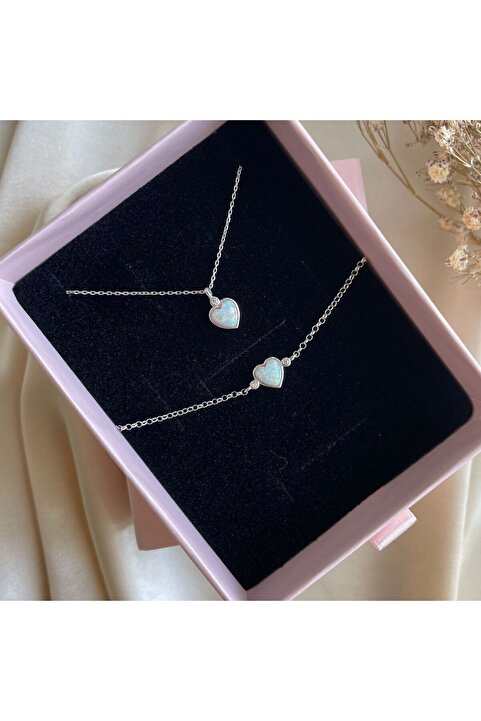 Lovera Jewellery 925 Ayar Gümüş Sertifikalı Beyaz Opal Taşlı Kalpli Set (KOLYE,BİLEKLİK)