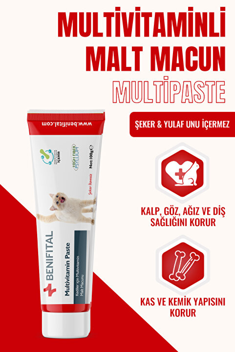 Benifital Multivitamin Paste 100 Gr. Kediler Için Multivitamin Malt Macunu Vitamin B, C, D, Demir, Kalsiyum