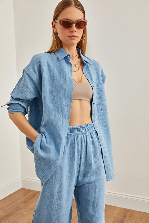 Olalook Kadın Bebe Mavi Oversize Basic Müslin Gömlek GML-19001217