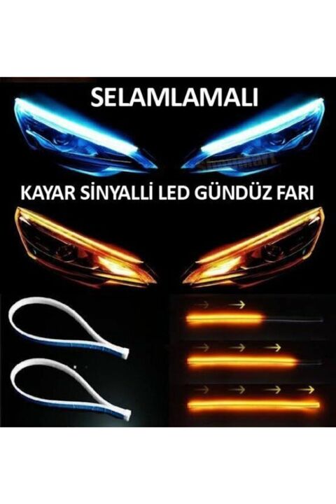 Genel Markalar Far Üstü Kayar Led 60 Cm Kayar Sinyalli Selamlamalı Buz Mavi-turuncu Renk