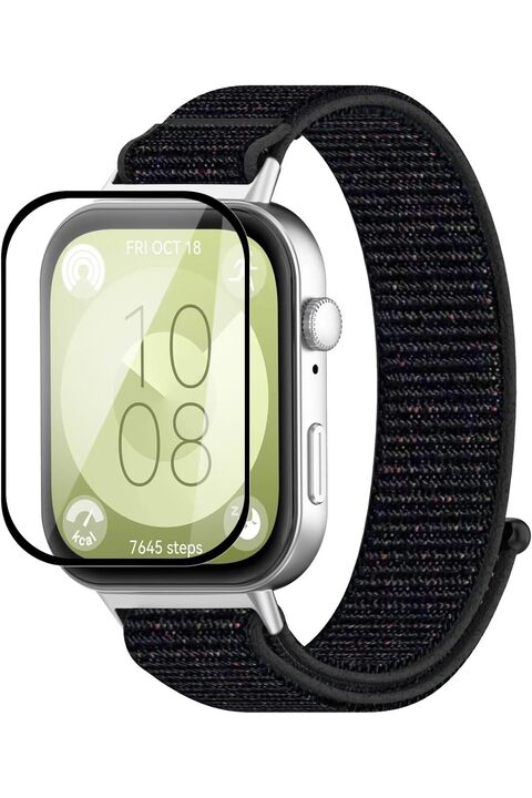 Fibaks Huawei Watch Fit 3 Uyumlu Tam Kaplayan Kavisli Siyah Çerçeveli Pet Saat Ekran Koruyucu