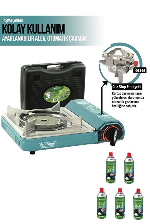 Orcamp Pro Portatif Seramik Kamp Ocak Ck-508 Gaz Stop Emniyetli 5 Adet 227 Kartuş