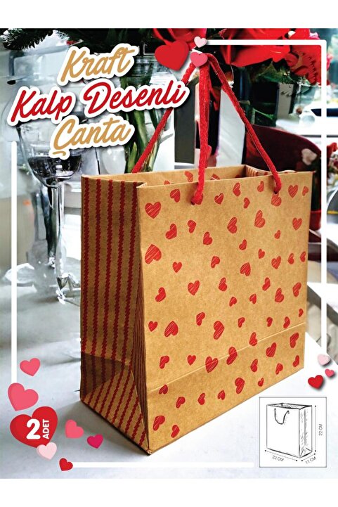 t tuğset etiket Kraft Karton Çanta Kırmızı Kalp Desenli Hediye Paketi Çanta Poşet 2'li 22*22*11cm -T889