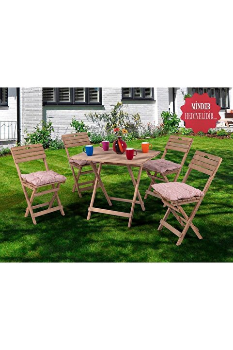 BarışAhşap Ahşap Masa Sandalye Seti 5’li Set (katlanabilir) Hediye Minderli