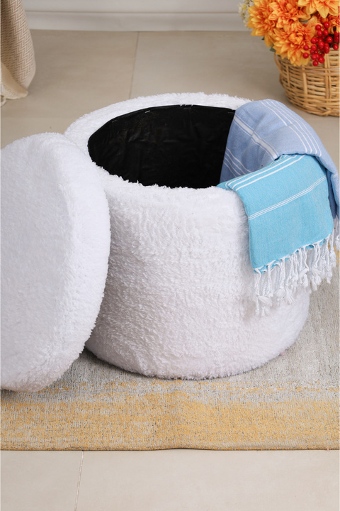 PUFMANYA PANDORA BEYAZ PELUŞ LARGE 45 CM SANDIKLI RAHAT PUF BENCH KOLTUK