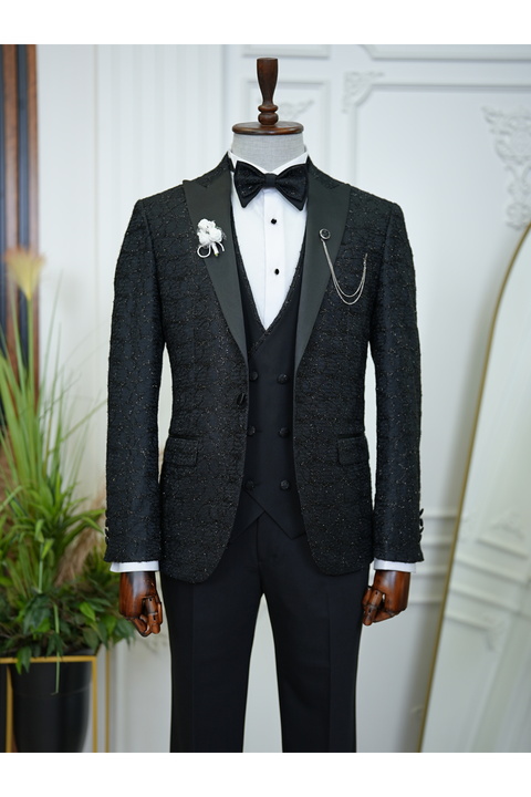 LONATOLİA Erkek Smokin Damatlık Jakarlı Kırlangıç Yaka İtalyan Kesim Slim Fit Ceket Yelek Pantolon Papyon