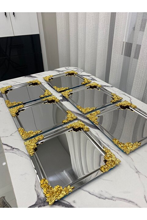 Aslı Hediyelik 6'lı Lüx 4 Köşesi Gold Çiçekli Kare Gümüş Kaplama Model Çay,kahve,ikram Servis Sunum Tepsisi 21x21