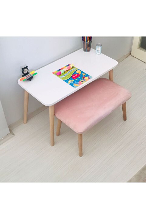 EKOÇ WOOD DESİNG Lilyum Çoçuk Çalışma Masası 1 Adet Puf Etkinlik Masası Aktivite Masa Takımı