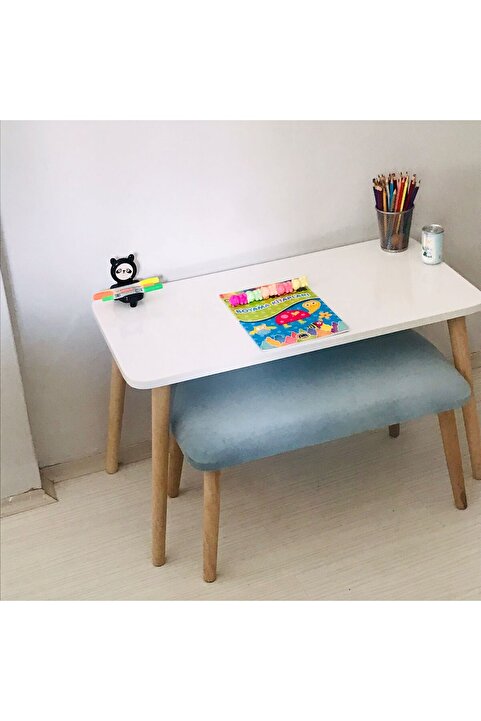EKOÇ WOOD DESİNG Lilyum Çoçuk Çalışma Masası 1 Adet Puf Etkinlik Masası Aktivite Masa Takımı