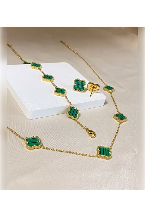 Inure Jewelry Glare Yeşil Yonca Model Kadın Çelik (KOLYE & BİLEKLİK & KÜPE) 3'lü Set