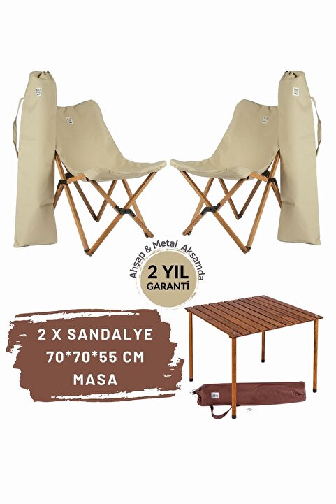 Bag The Joy Ahşap Katlanır Kamp Masa Sandalye Seti 70x70x55 cm | Bahçe , Balkon |Çantalı | Kahverengi – Bej