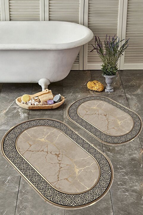 YTR HOME Kaymaz Taban Yıkabilir Toz Leke Tutmaz 2li Set Klozet Oval Banyo Paspas Takımı