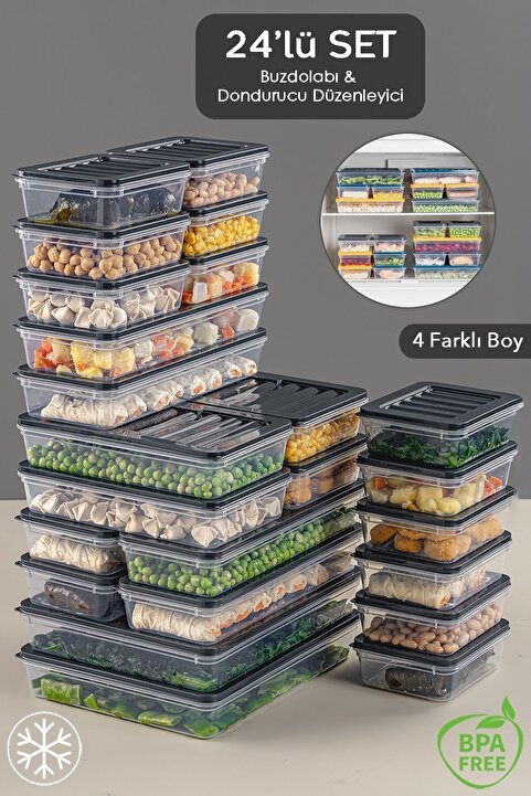 Meleni Home 24 Parça Saklama Kabı , Mikrodalga Uyumlu Saklama Kabı 2x2400Ml 4x1200Ml 6x1170Ml 12x600Ml Antrasit