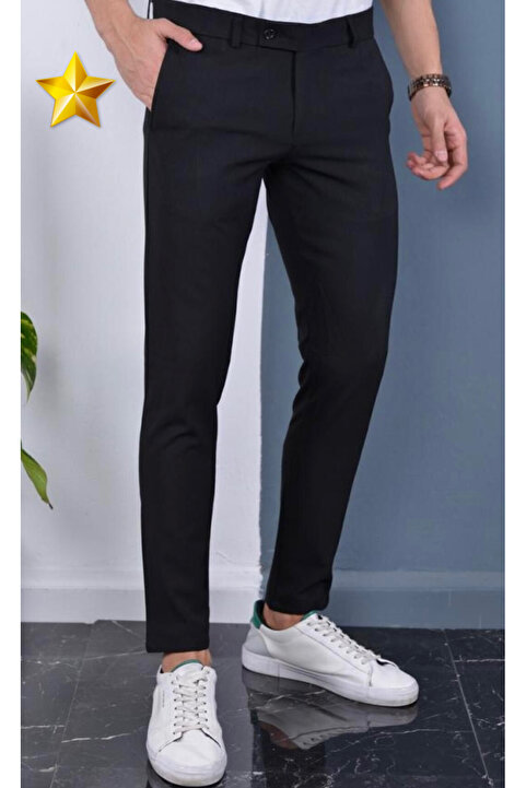 ElitWear Erkek Slim Fit Siyah Kumaş Dilli Pantolon